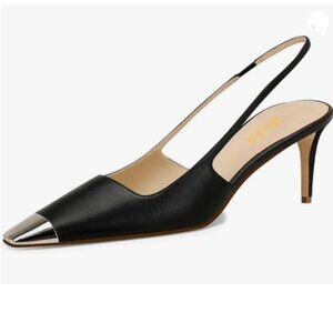 miss left Black Slingback Square Toe Metal Cap Mid Heels Slip On Pumps